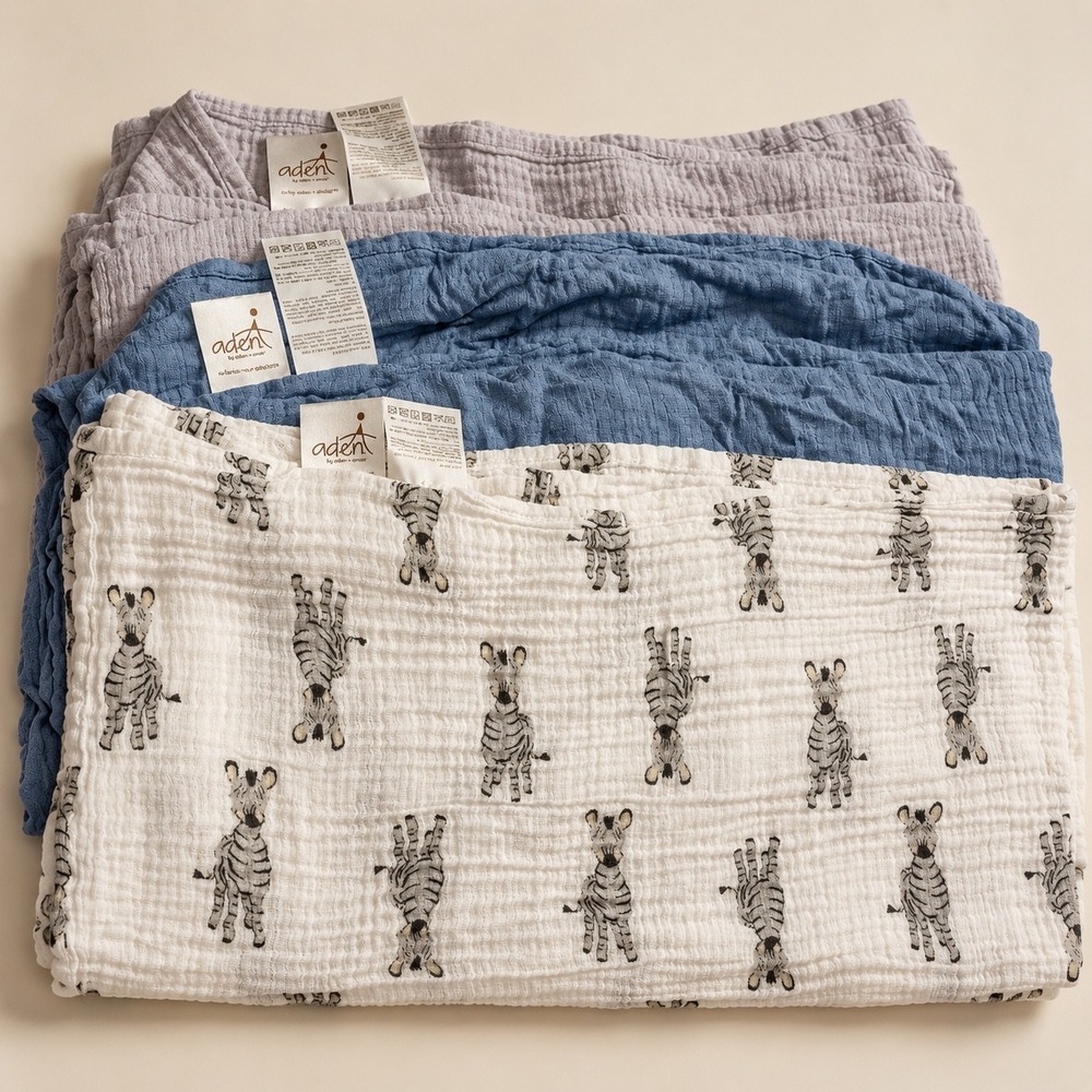 Aden by Aden + Anais Muslin Swaddle Blankets Set of 3 Zebra Blue Grey Cotton